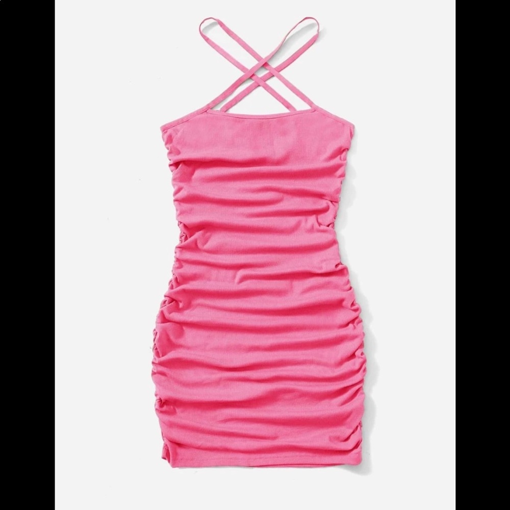 SHEIN Hot Pink Ruched Cross-Back Mini Dress